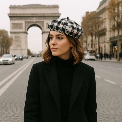 A_photograph_captures_a_young_woman_with_fair_skin_d87ecd81-a243-4eaa-9dd2-e6f6302717bf.jpg Béret Femme Coton à Carreaux