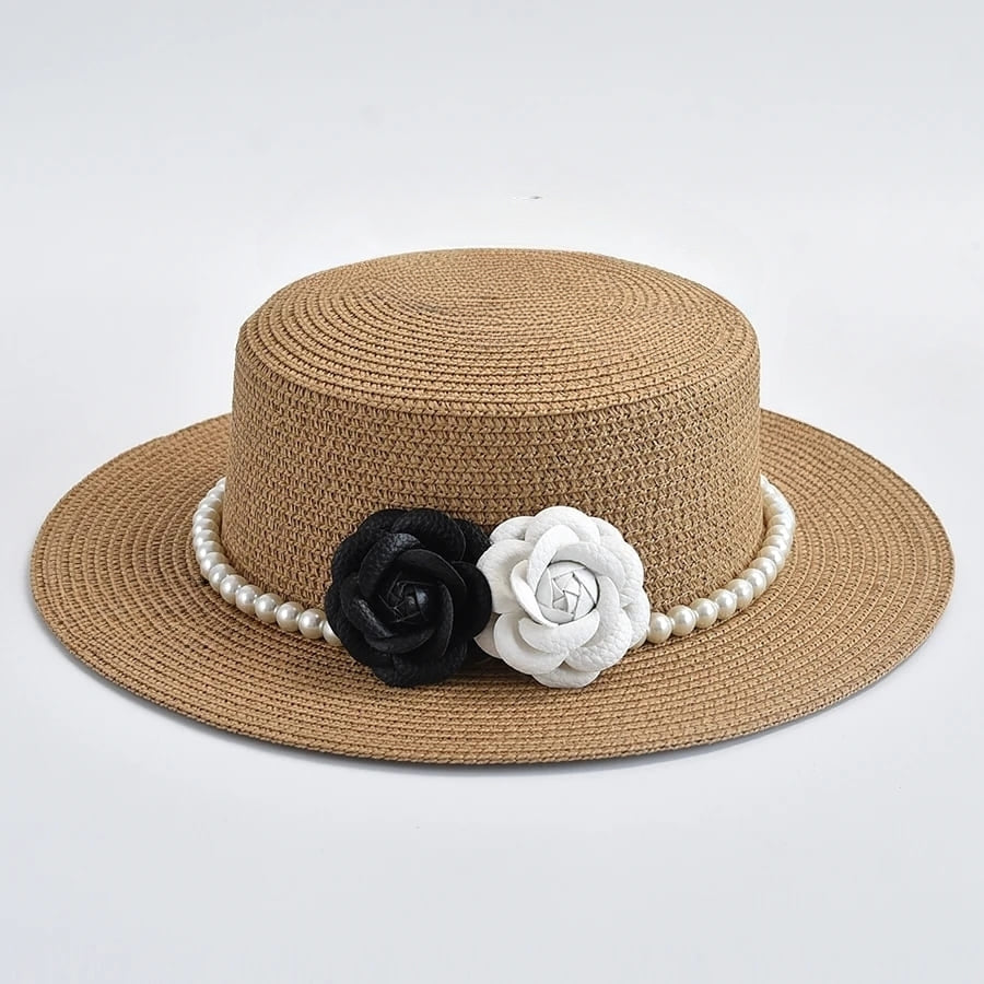 Chapeau de Paille Femme – Fleurs Décoratives et Perles – Image 3