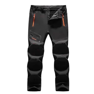 Black hiking pants with orange zipper pockets and reinforced knee padding.”,