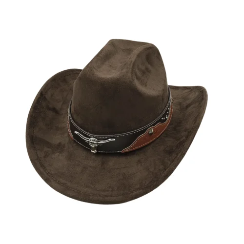 Chapeau Fedora western en cuir suédé avec ceinture